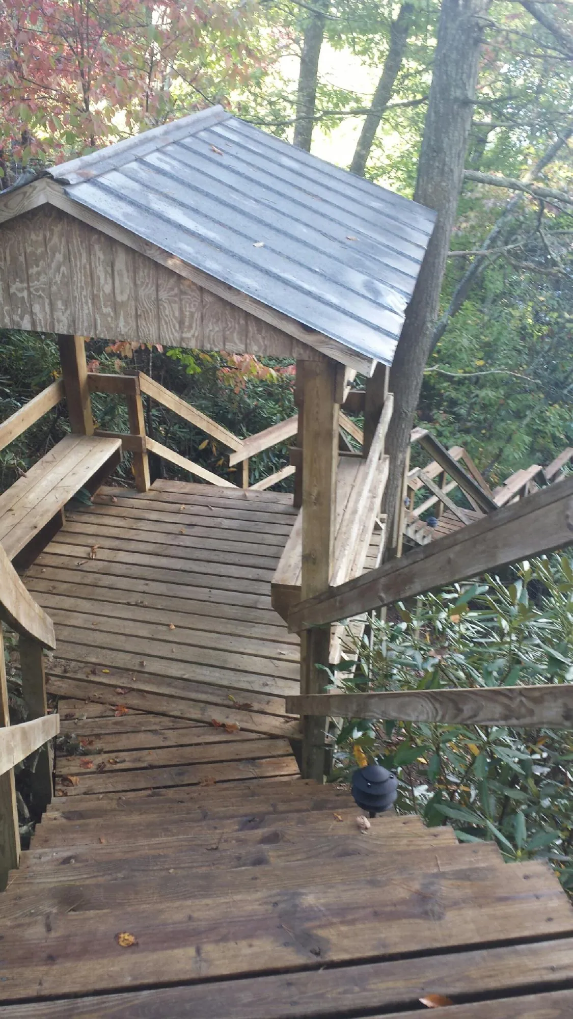 Metal roofed shelter over wooden steps on a wooded walkway — Skylight Repair & Installation work by our crew in Arlington